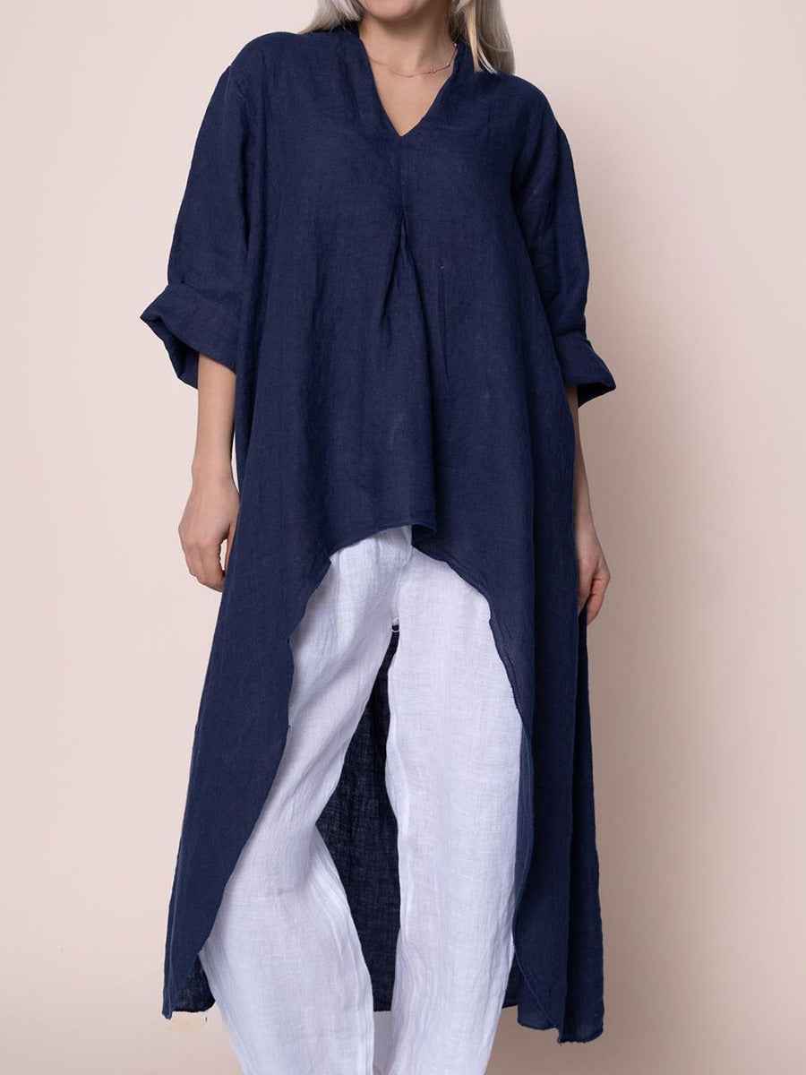 Womens Solid-Color V-Neck Asymmetric Long-Sleeve Shirt