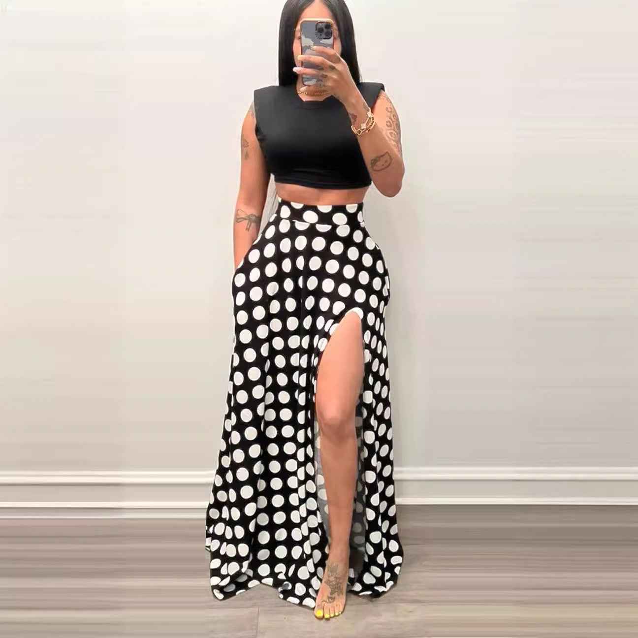 Polka Dot High-Waisted Full Midi Skirt