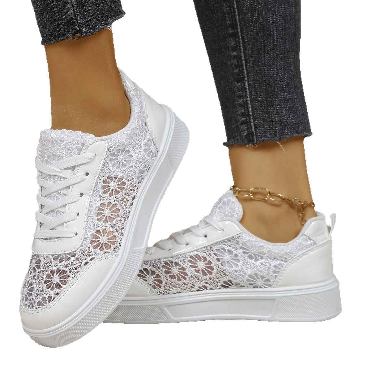 Breathable Mesh Lace-Up Sneakers — Thick Sole, Height-Boosting
