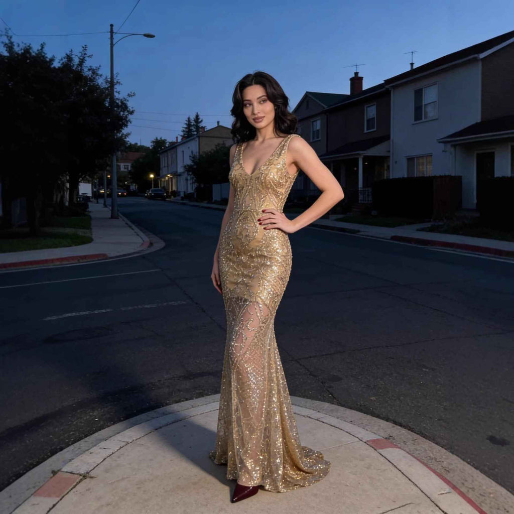Women's Metallic Sheer Sleeveless V-Neck Maxi Dress — Gold & Silver, S–2XL
