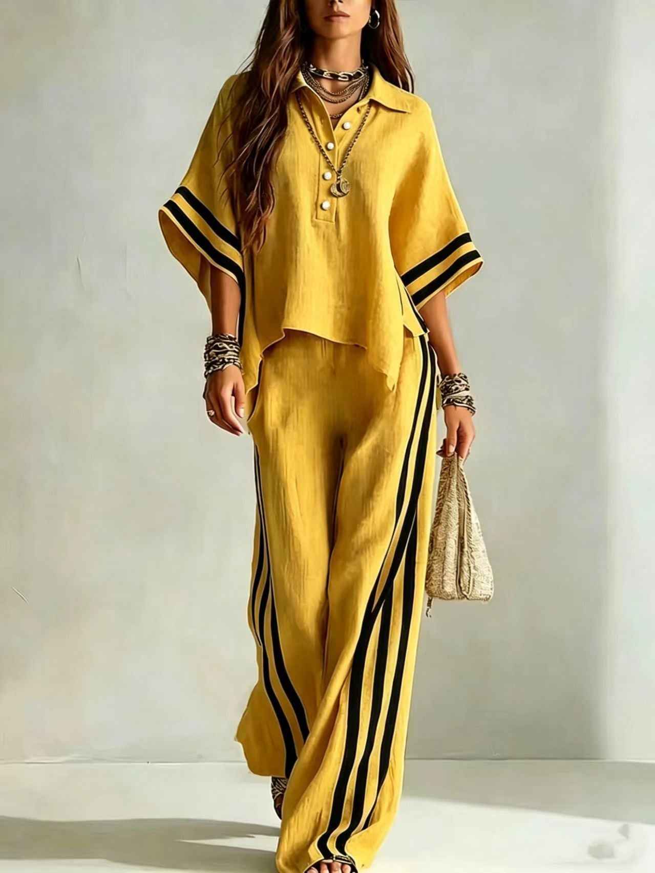 3/4-Sleeve Shirt & Wide-Leg Trousers Set — Plus Size, Commuter Style