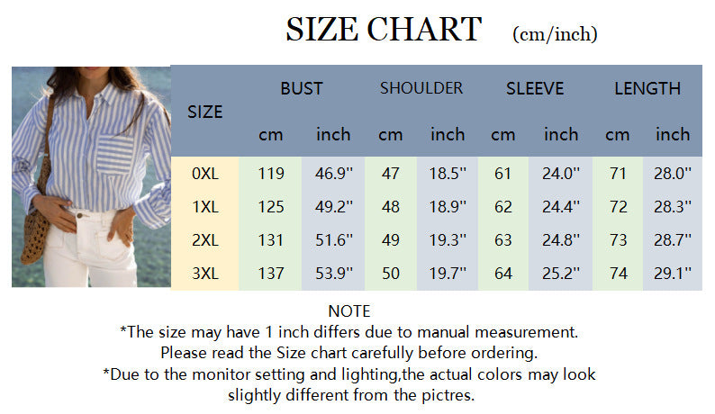 Women's Sky Blue Striped Collared Long-Sleeve Shirt - size chart 0XL to 3XL