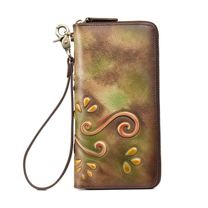 Floral Genuine Leather Zipper Wallet – Retro Style