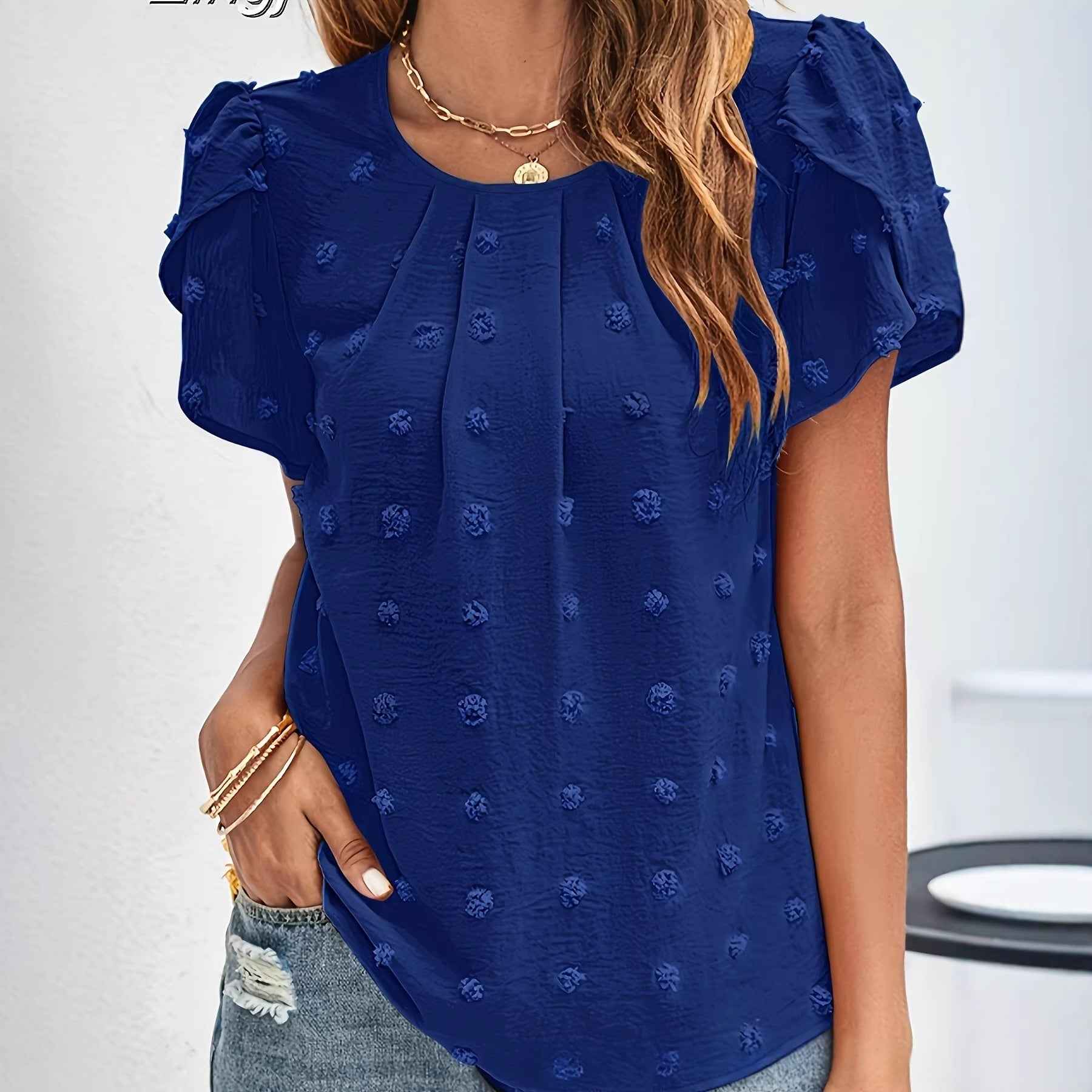 Ruffled Chiffon Top – V-Neck, Puff Sleeves & Pom-Pom Detail