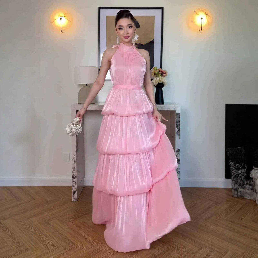Off-shoulder Halter-neck Silk Dress For Women