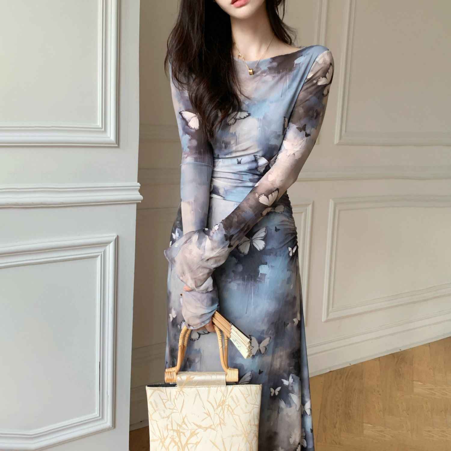 Womens Slim-Fit Casual Dress In Ink-Wash Style