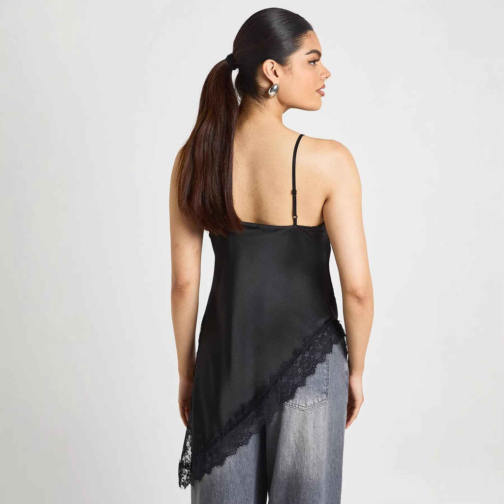Asymmetric Lace-Trim Satin Slip Midi Dress
