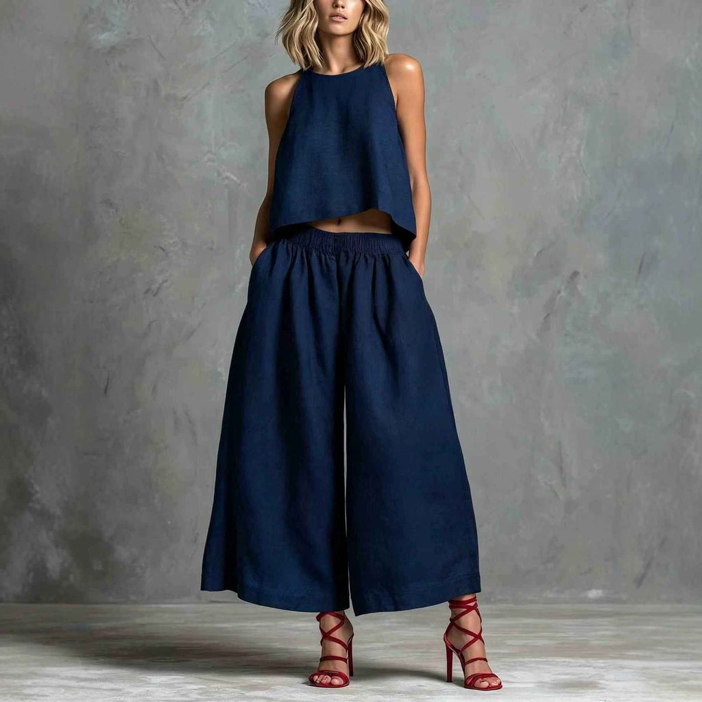 Loose Laid-back Linen Vest And Wide-leg Pants Set