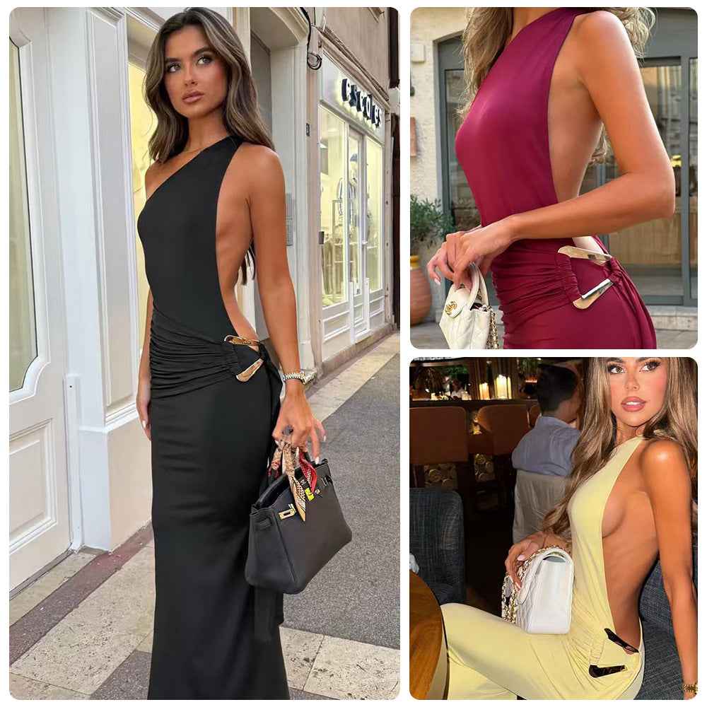 One-Shoulder Open-Back Knit Maxi Dress