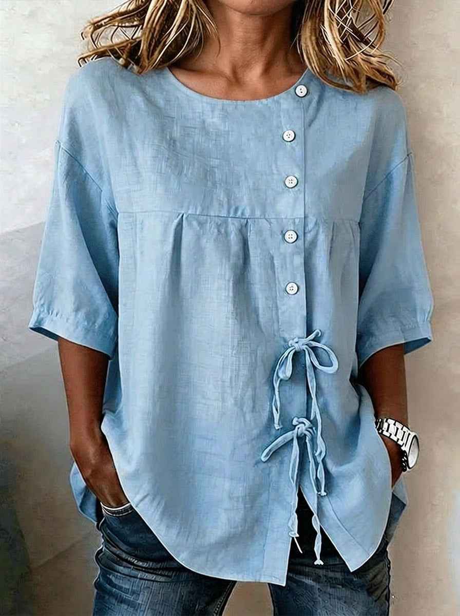 Lace-Up Button Linen Shirt – Asymmetric Three-Quarter Sleeve