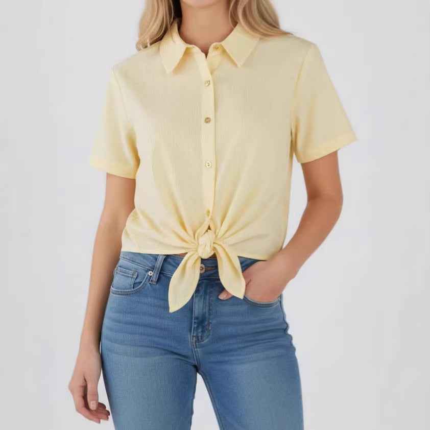 Women's Cropped Short-Sleeve Lapel Blouse