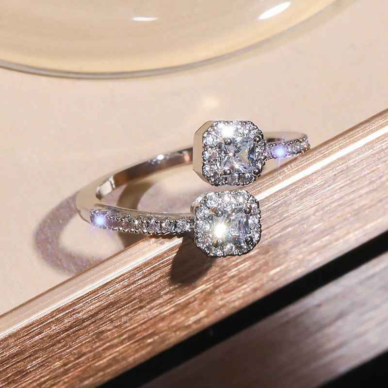 Womens OpenStyle Square Zircon Ring With Double Heads