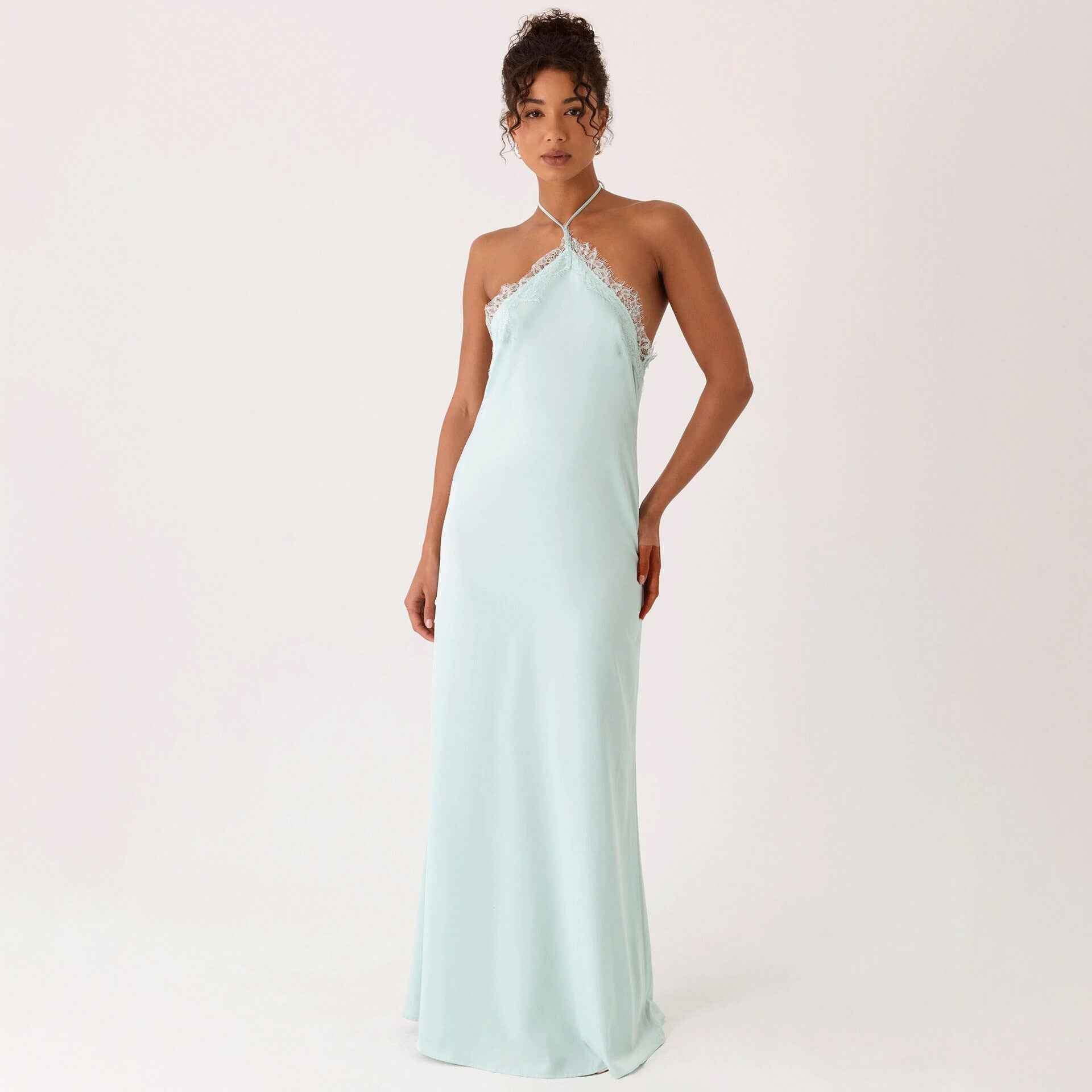 Lace-Spliced Open-Back Slim-Fit High-Waist A-Line Long Slip Dress