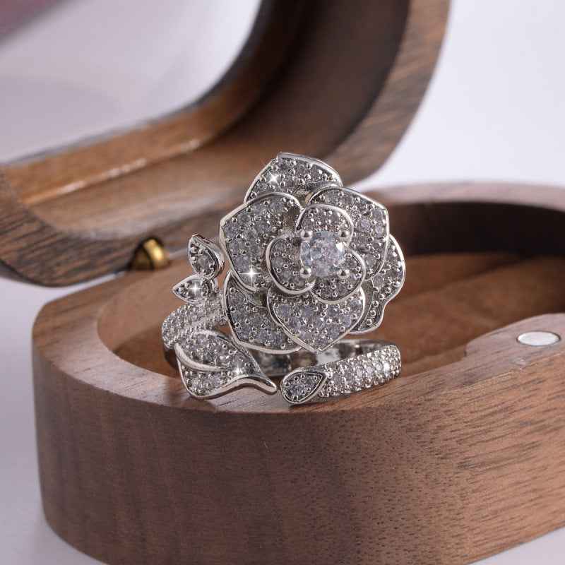 Fashionable Light-luxury High-end Diamond-studded Camellia Open Ring