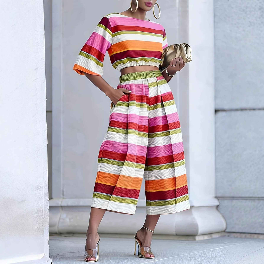 Women's Striped Two-Piece Set — Top & Cropped Wide-Leg Trousers