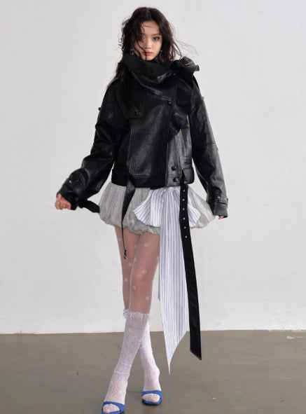 Women's 3D Ruffle Stand-Collar Faux Leather Jacket — Black, S–L