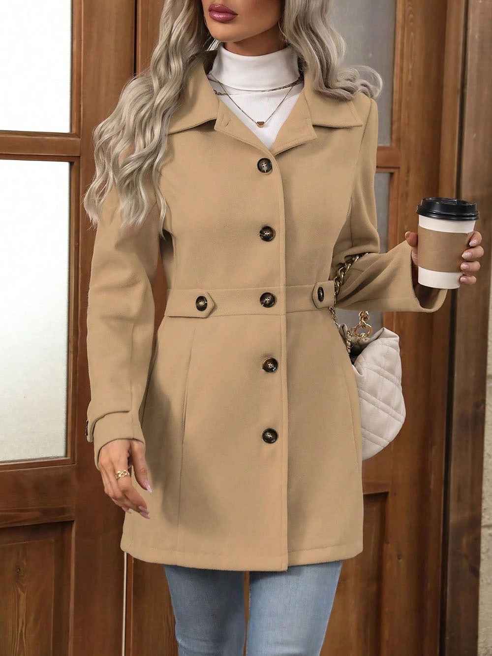 Women's Wool-Blend Lapel Overcoat – Button-Up Elegant Coat