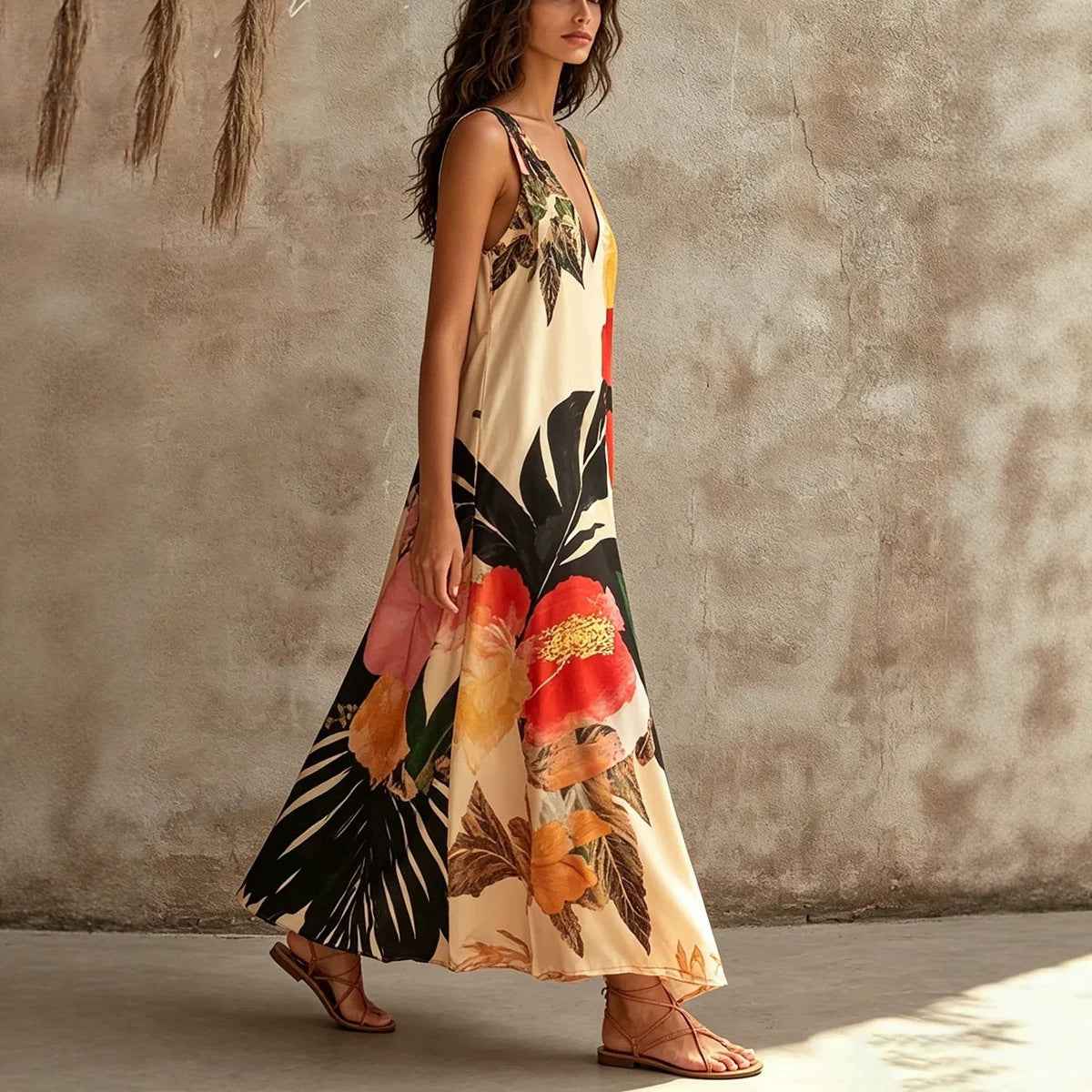 V-Neck Printed Sleeveless Vest Dress — Loose Fit Mid-Rise