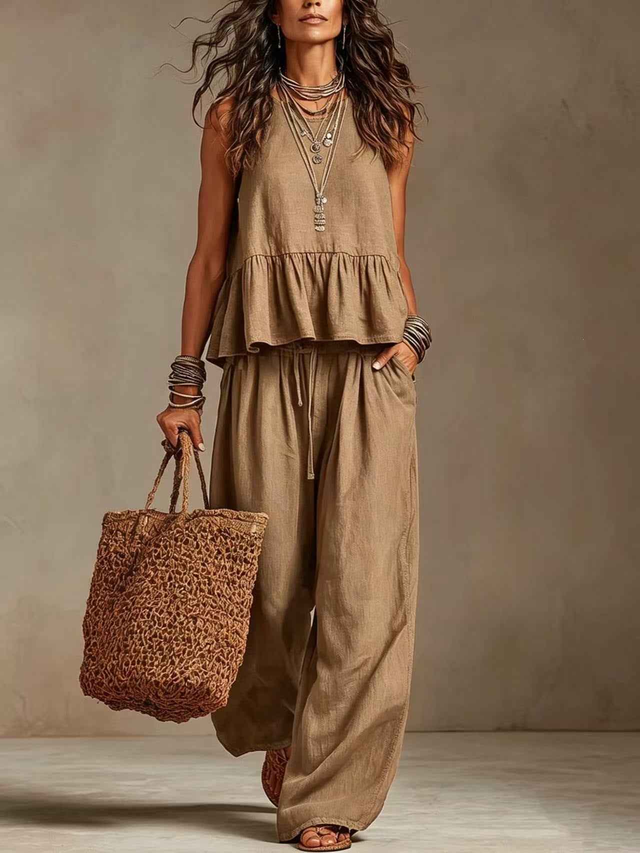 V-Neck Ruffle Hem Sleeveless Crop Top & High Waist Wide Leg Linen Pants Two Piece Outfit Set