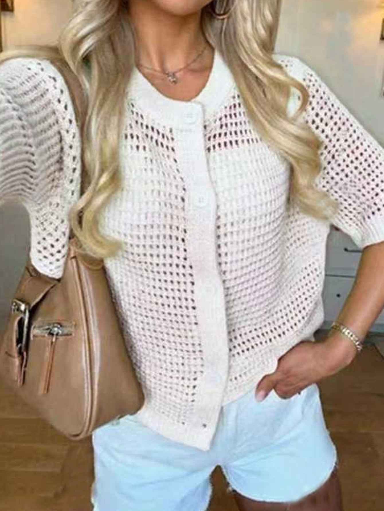 Hollow-Out Knit Open-Front Cardigan