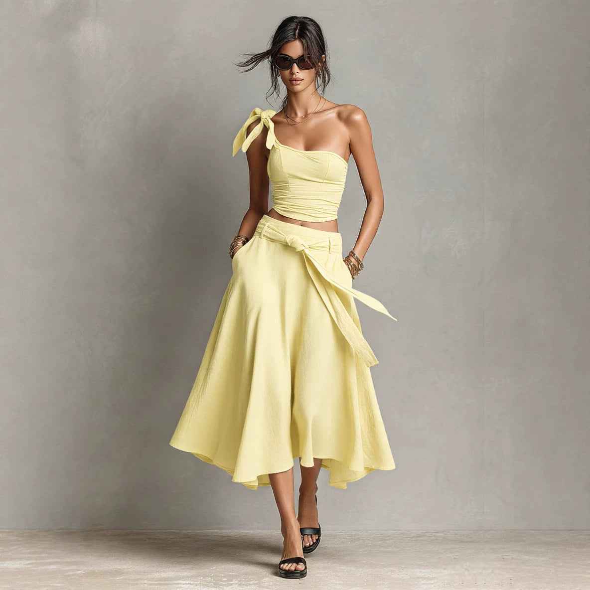 Off-Shoulder Strap Top With Slanted Shoulders High-Waisted A-Line Long Skirt Womens Set
