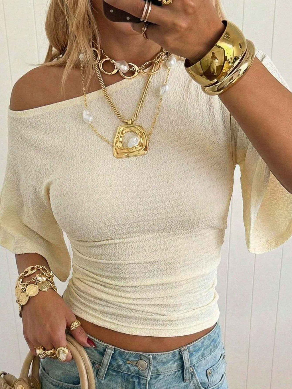 Off-Shoulder Flared Sleeve Slim-Fit Top