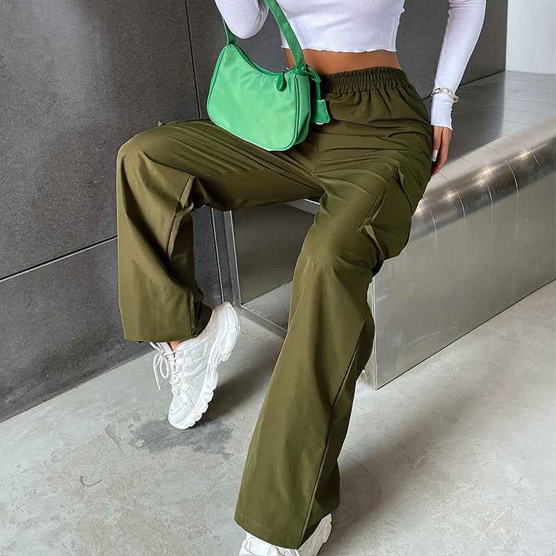 High-Waist Cargo Pants — Wide Leg, Army Green