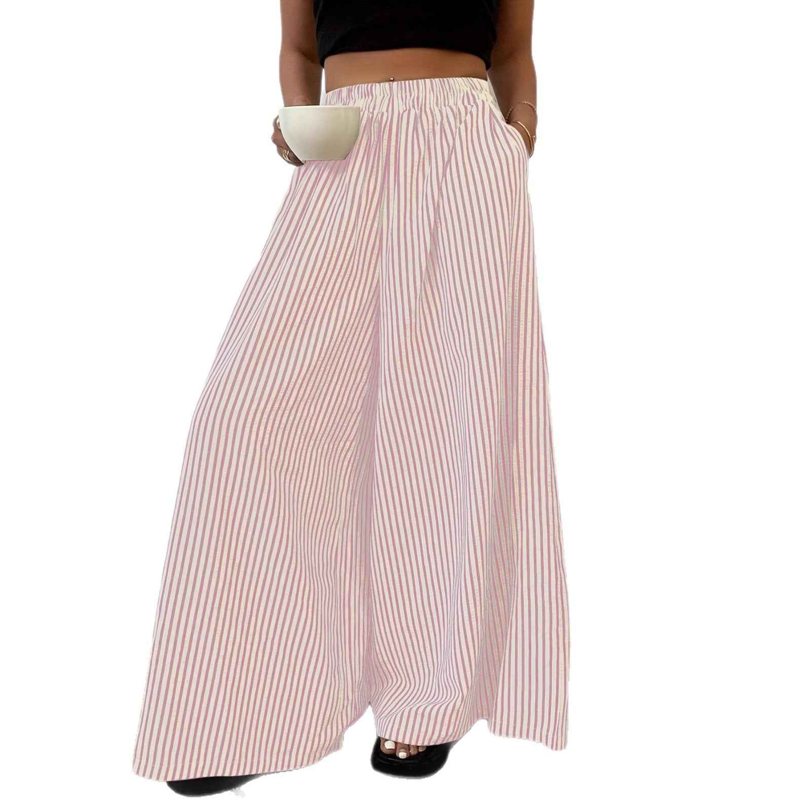Women's Striped Elastic-Waist Wide-Leg Trousers