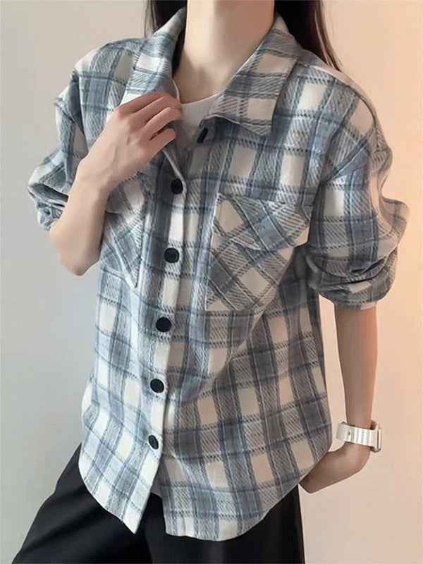 Sky Blue American Style Heavyweight Plaid Womens Shirt
