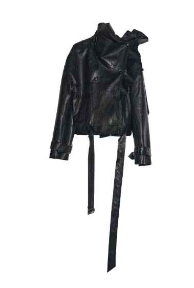 Women's 3D Ruffle Stand-Collar Faux Leather Jacket — Black, S–L