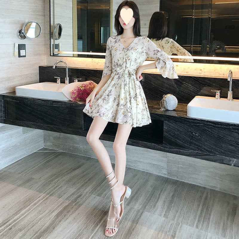 Floral Print V-Neck Ruffled Sleeve Mini Dress