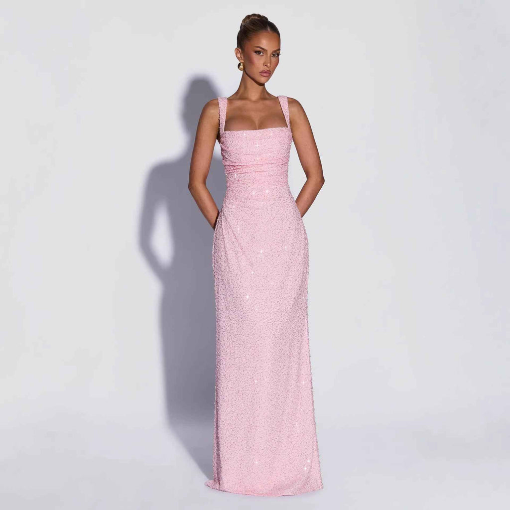 Sequined Solid-color Strapless Sleeveless Slip Dress With A Slit And A Fitted Waist
