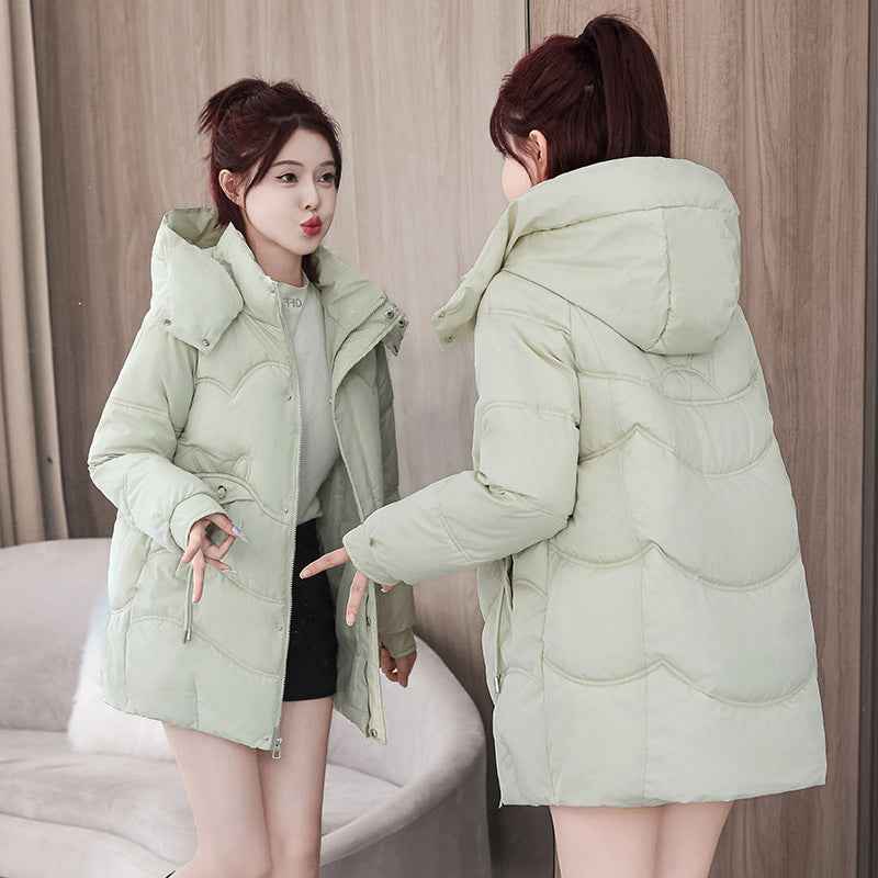 New Solid-Color Mid-Length Puffer Jacket With Hood