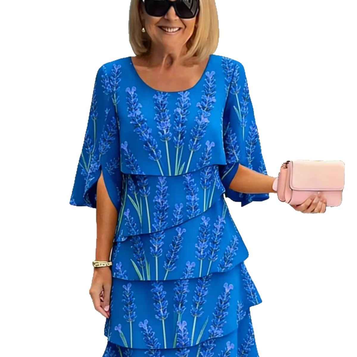 Women's 3D Embossed Print Chiffon Midi Dress — A-Line Shirt Style