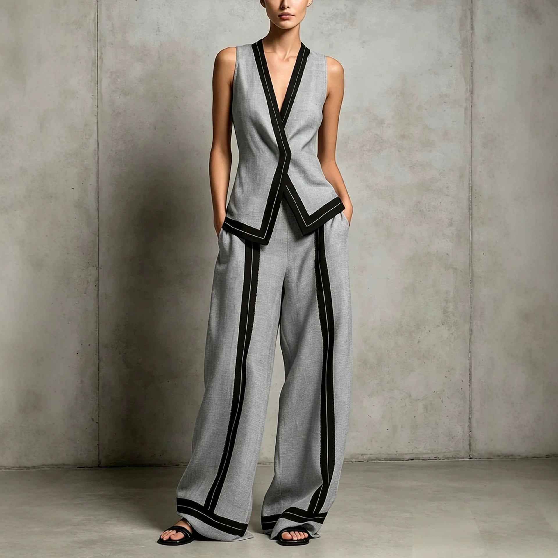 V-Neck Tank Top & Wide-Leg Pants Set — Casual Two-Piece