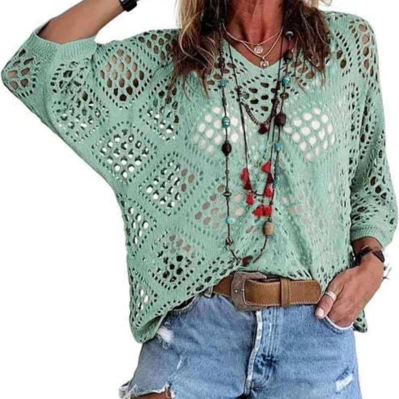 V-Neck Diamond Openwork Batwing Sleeve Sweater — 5 Colours