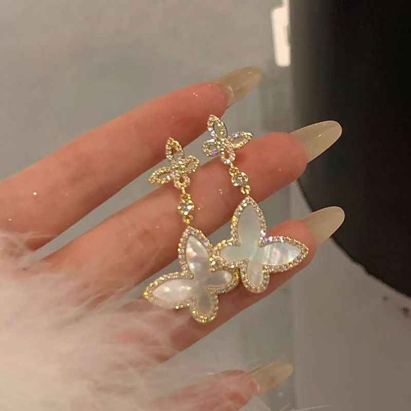 Delicate White Shell Butterfly Studs, Elegant Light Luxury Daily Wear Ear Ornaments