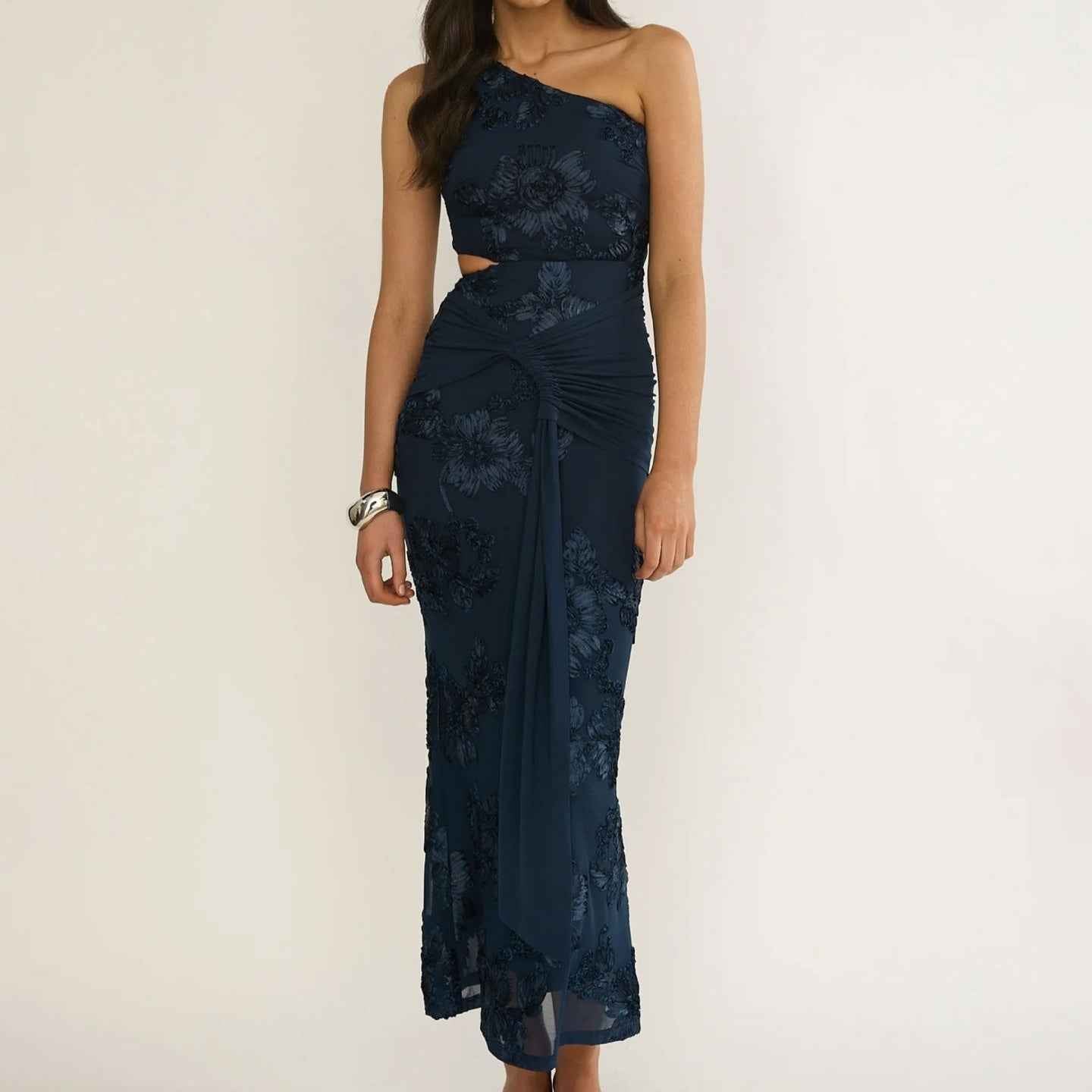 One-shoulder Floral-embroidered Dress With Waist Pleating And A Draped Silhouette
