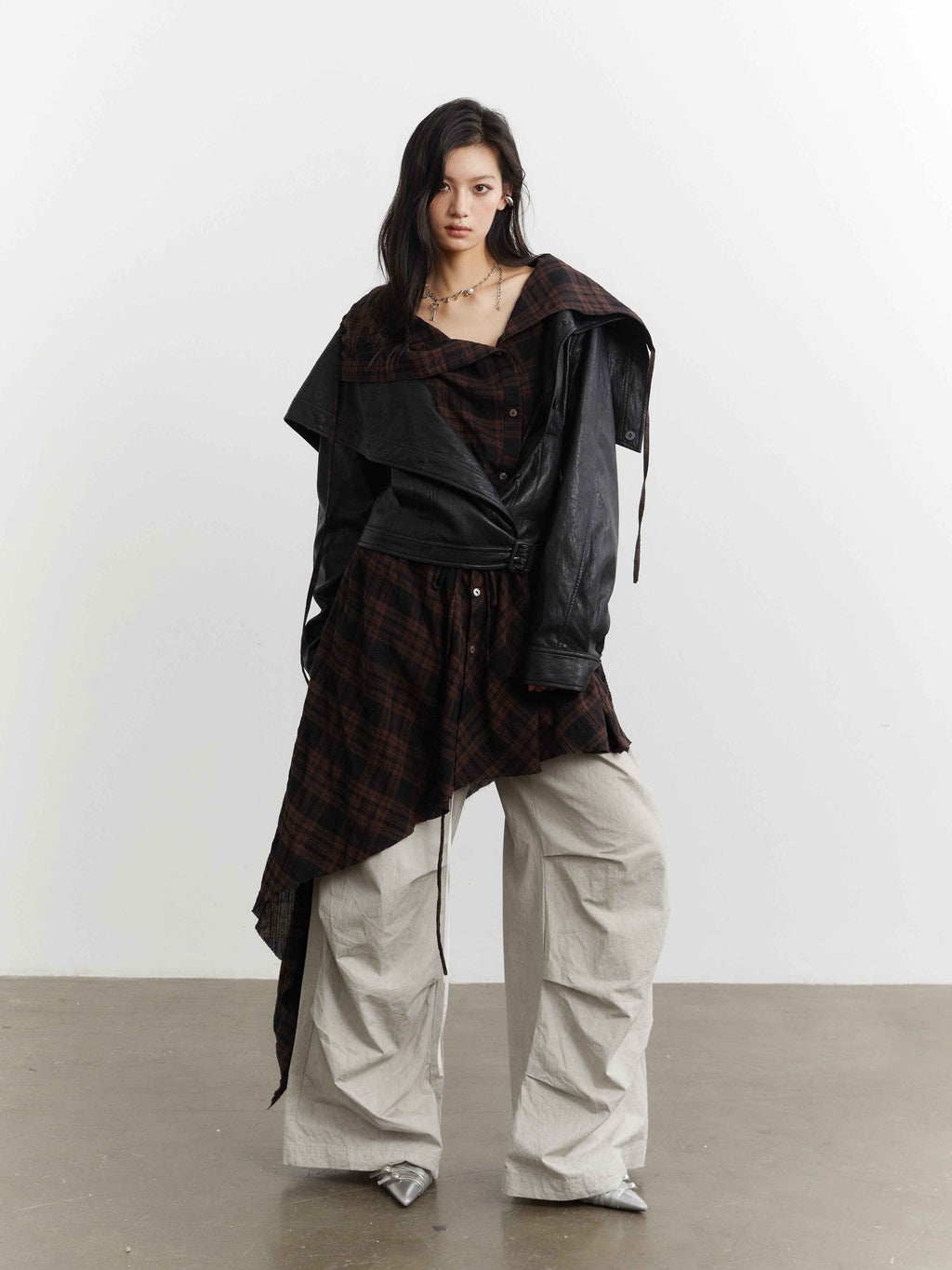 Women’s PU Leather Apron-Style Jacket – Checkered Moto Coat | S–L