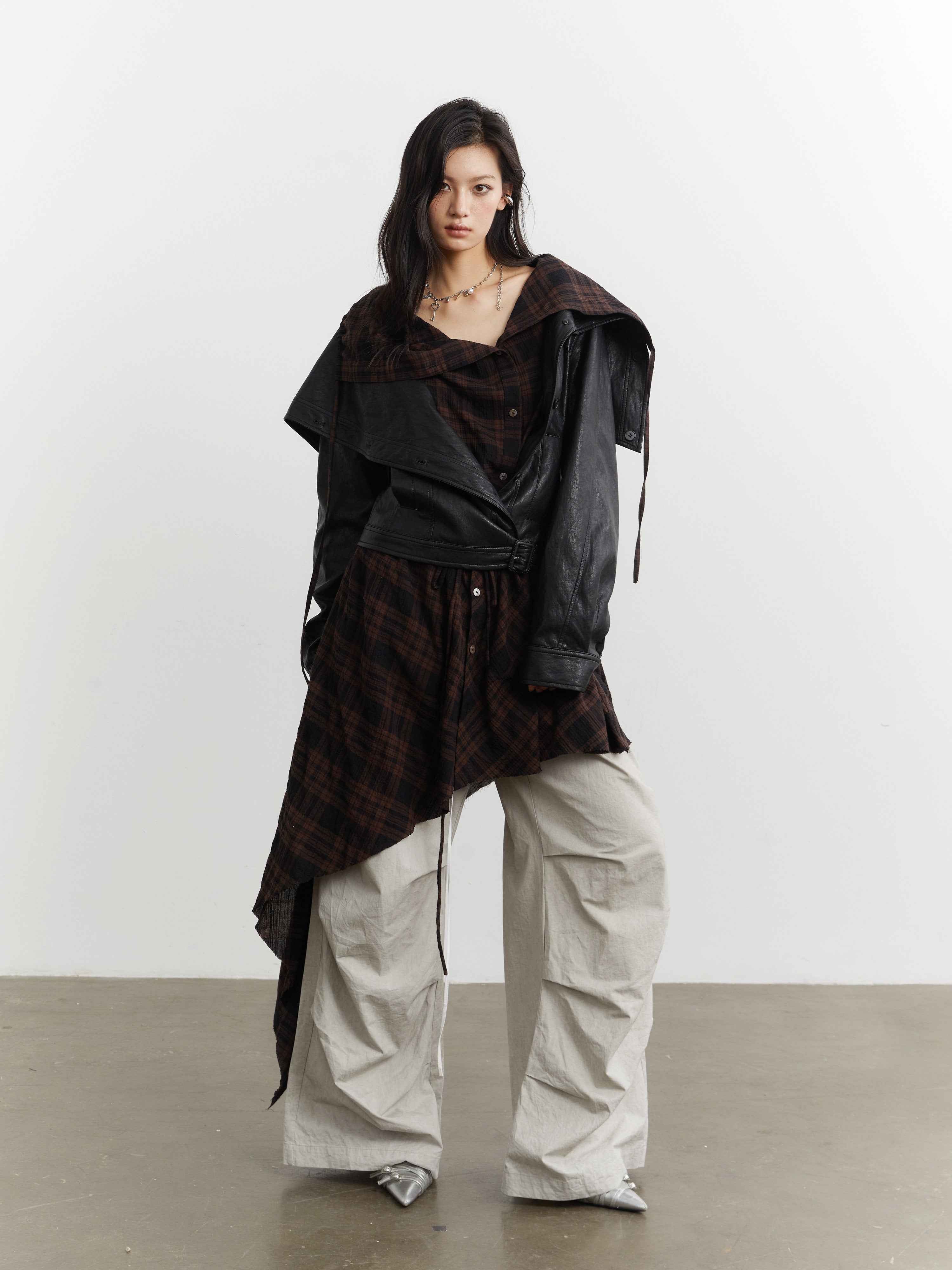 Women’s PU Leather Apron-Style Jacket – Checkered Moto Coat | S–L