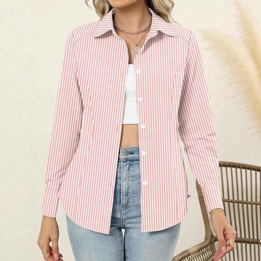 Embossed Print Notched-Collar Long-Sleeve Blouse