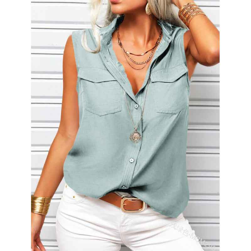 Sleeveless Lapel Blouse with Pockets – Loose Fit