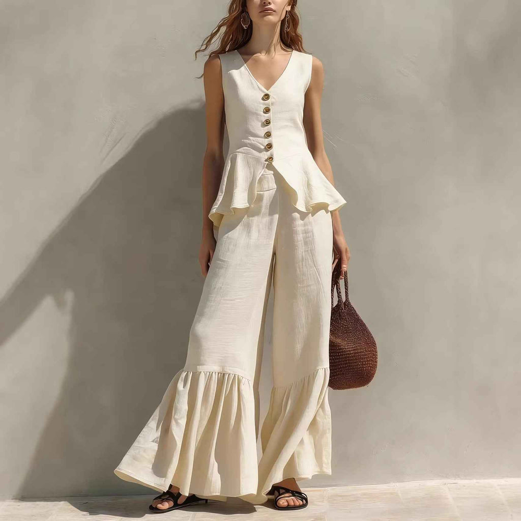 Linen Sleeveless V-Neck Button-Down Flounce Top & Wide-Leg Pants Two-Piece Set
