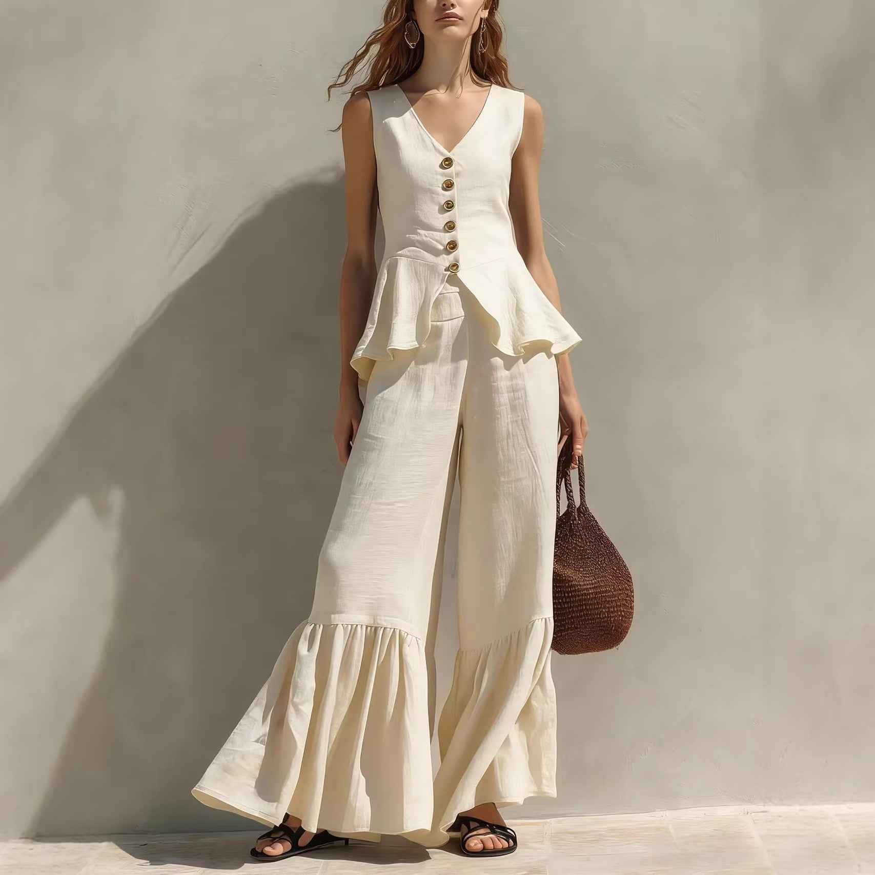 Linen Sleeveless V-Neck Button-Down Flounce Top & Wide-Leg Pants Two-Piece Set