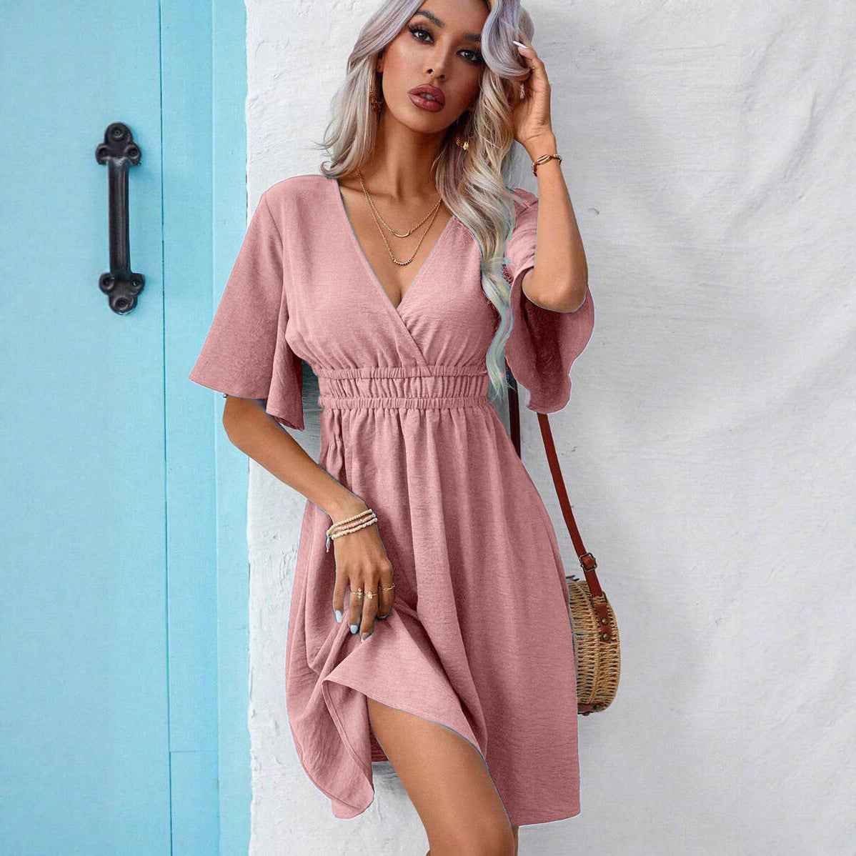 V-Neck High Waist Flared Dress – Short Sleeve Summer Dress