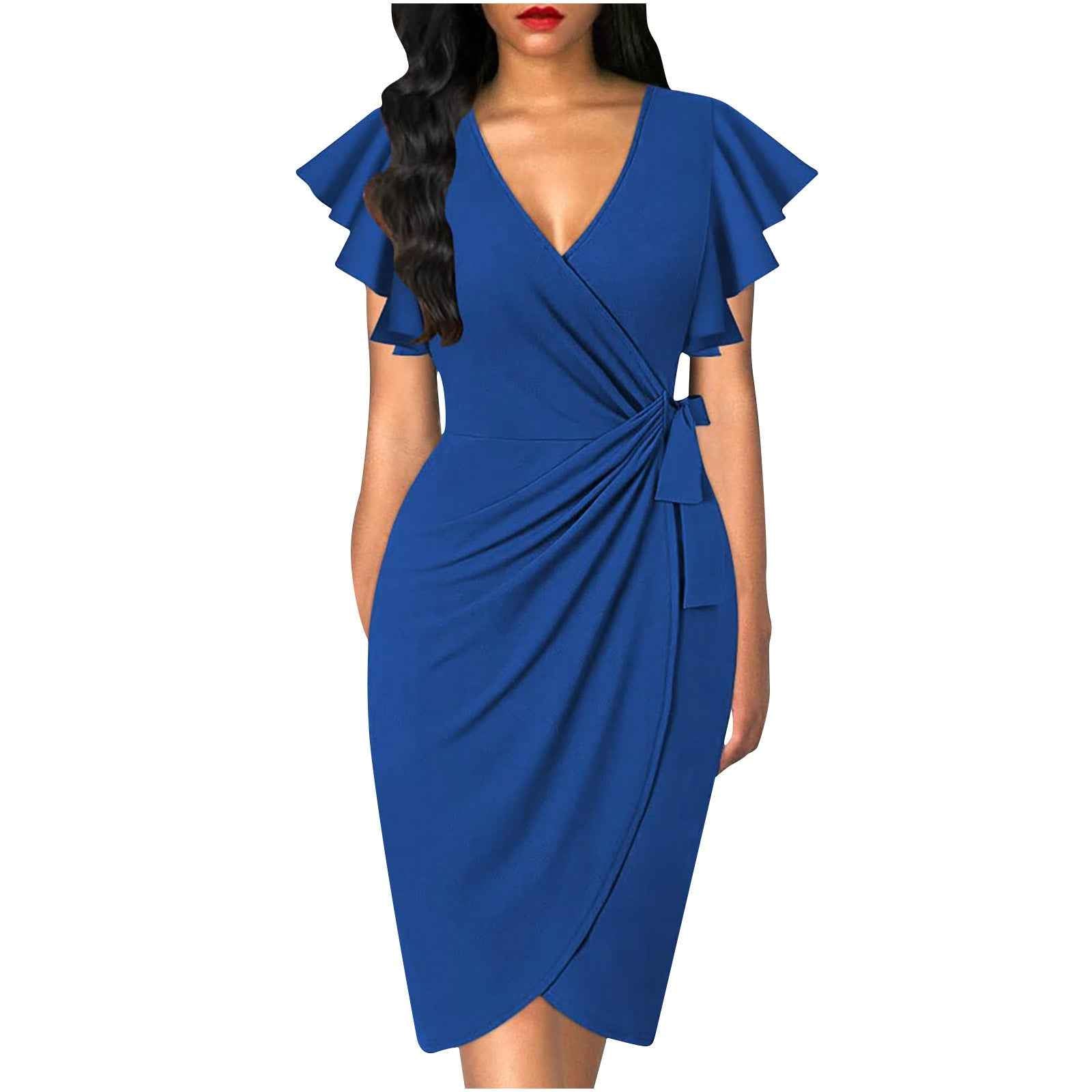Wrap-style Slimming Waist-cinching Pleated Solid-color Dress For Women
