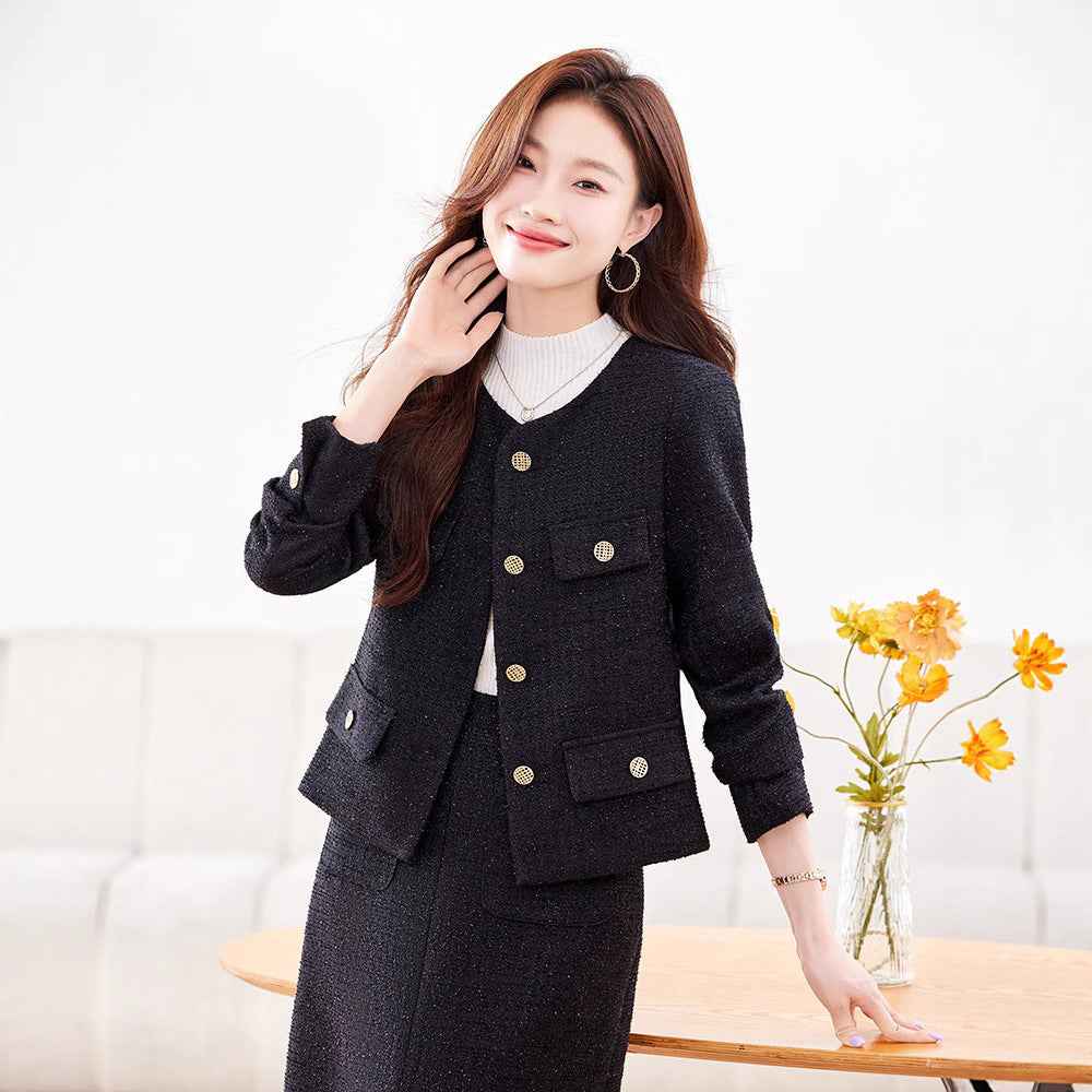 Women's Long-Sleeve Blazer & Midi Skirt Suit Set — 2 Colours