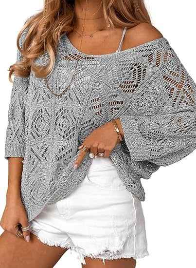 Crochet Hollowed-Out Three-Quarter-Sleeve Pullover Sweater