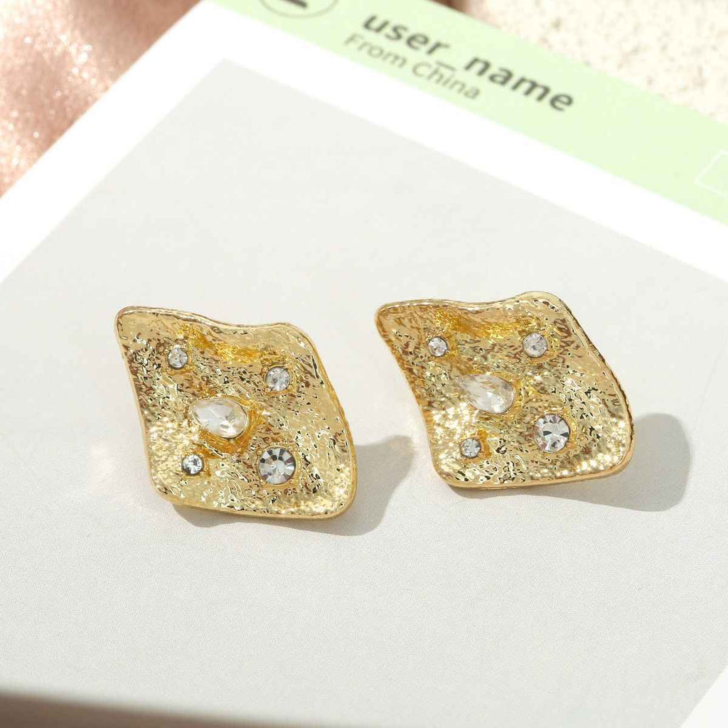 Trendy Geometric Diamond Square Stud Earrings, Satin Plated Metal Full Shiny Crystal Minimalist Office Daily Ear Jewelry