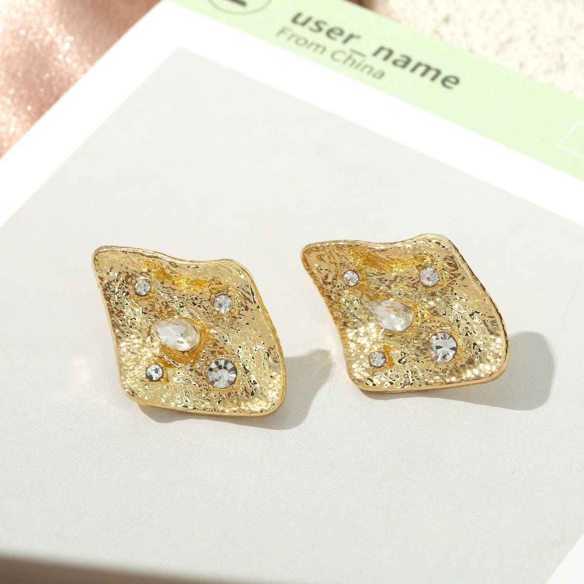 Trendy Geometric Diamond Square Stud Earrings, Satin Plated Metal Full Shiny Crystal Minimalist Office Daily Ear Jewelry